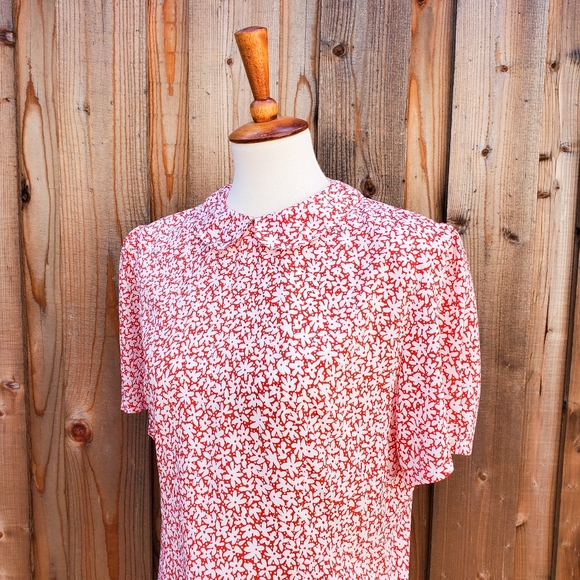 Vintage Peter Pan Collar Floral Red White Print Short Sleeve Blouse Top Size 12 - Picture 3 of 5